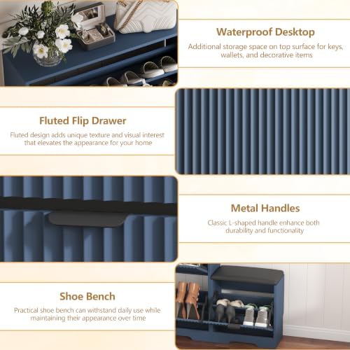 HUANLEGO Shoe Cabinet Storage for Entryway with Flip Drawer & Bench, Blue - Image 4