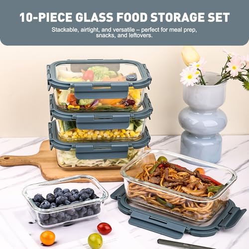 Liuruiyu 10 Pack Glass Food Storage Containers with Glass Lids, Airtight Meal Prep Containers, Leak-Proof Bento Boxes for Microwave, Oven, Freezer & Dishwasher, BPA-Free - Image 3