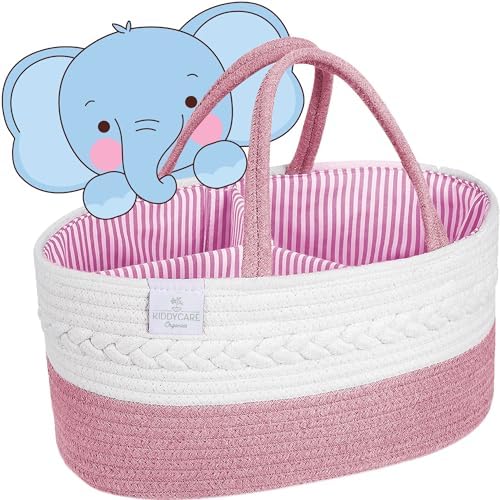 KiddyCare Woven Diaper Caddy Organizer, Large Gray Multi Functional Portable Baby Basket with Handle, Baby Gift for Boy/Girl Nursery Storage, Organization, and Modern Car Diaper Caddy Pink X-Large by KiddyCare