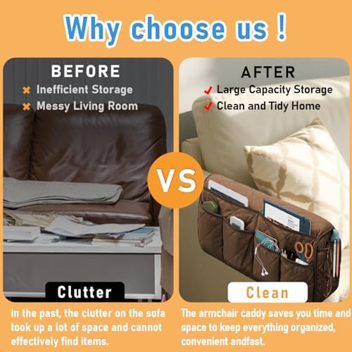 Armchair Caddy for Recliner, Non-Slip Recliner Pocket Organizer, Remote Holder for Recliners, Sofa Armrest Organizer, Couch Caddy with 14 Pockets Storage for TV Remote, Phone, Magazine (Brown) - Image 6