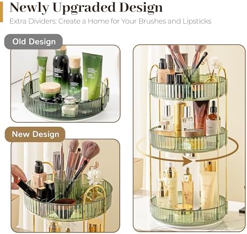 Aveniee Rotating Makeup Organizer for Vanity, Upagraded Perfume Skincare Bathroom Counter Organizers with Brush Divider, 2 Tier Spinning Lipstick Cosmetic Lotion Storage,Green - Image 2