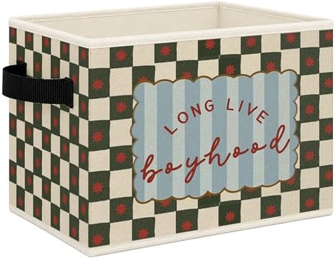 Boy Nursery Foldable Storage Bins Box with Handles, Long Live Boyhood Retro Green Checkered Collapsible Toys Books Clothes Organizer Basket for Kids Boys Nursery Room Bedroom Bathroom by Mcehtle