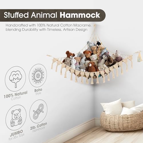Abby Baby Extra Large Stuffed Animal Storage Hammock Corner with LED Lights – 25LB Capacity Hanging Toy Net for Small or Large Plushies, Boho Macrame Squishmallow, Plush Net, Blue - Image 5