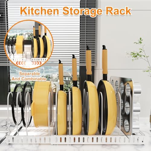 Pot and Pan Organizer Rack for Cabinet, 3 Expandable Pot Lid Organizer Holder with 12 Adjustable Compartment for Kitchen Cutting Board, Pan Lid, Bakeware, White - Image 4