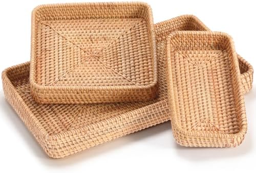 Hipiwe Set of 3 Rattan Serving Trays Woven Wicker Basket Tray for Storage by Hipiwe