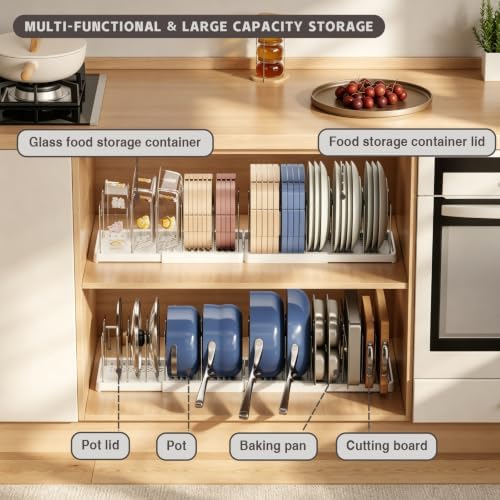 Magheo 2 Pack Expandable Food Storage Container Lid Organizers, 31.3" Pots and Pans Organizer Under Cabinet with 12 Adjustable Dividers Pot and Pan Lid Holders Rack Inside Cabinet(White) - Image 2