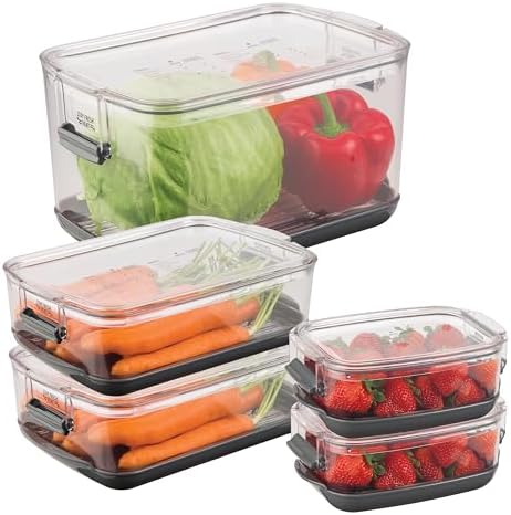 Progressive International Prepworks ProKeeper Food Fresh Produce Storage Container Set, 5- Piece, Clear Containers with Gray Sealed Tight Lids by ProgressiveInternational