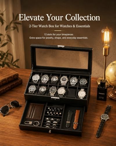 GUKA Watch Box, 12 Slot Watch Case, Watch Cases for men with Real Glass Lid, Synthetic Leather Watch Organizer storage with Jewelry Case, Birthday for Men and Women, Black, GK-012-BKCX - Image 4