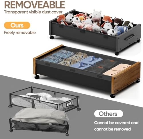 KITHELP Wooden Under Bed Storage with Wheels, Rolling Under the Bed Storage Bins with Removable Lid, Metal Under Bed Drawers for Clothes and Shoes in Bedroom or Living Room(Walnut Brown-1pack) - Image 5