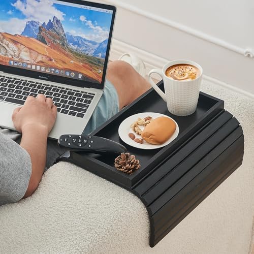 LOVYANXUE Bamboo Sofa Arm Tray, Anti Falling Couch Arm Tray Table, Foldable Couch Armrest Table, Portable Sofa Armrest Trays Cup Holder for Drink, Cups, Phone, Snacks, Remote - Image 2