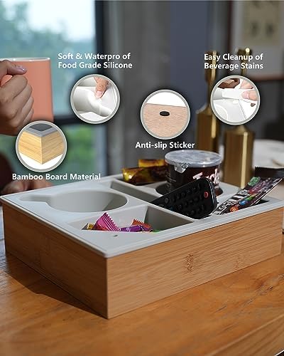 Couch Cup Holder Tray, Handy Silicone Bamboo Couch Caddy with Rotatable Phone Holder for Bed Car Seat Organizer, Waterproof Anti-Spill Sofa Cup Holder for Snacks Beverage Remote (White) - Image 4