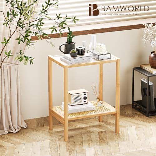 Bamworld Side Table Nature Rattan End Table 2-Tier with Storage Boho - Image 3