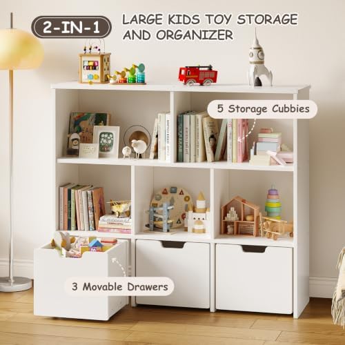 EXPERLAM Toy Storage Organizer, Wooden Kids Bookshelf and Toy Organizer with 3 Rolling Drawers, 5 Storage Cubes, Montessori Playroom Storage Cabinet, White - Image 4