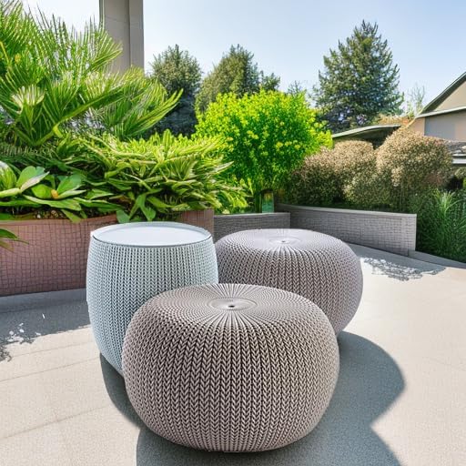 Keter Urban Knit Pouf Ottoman Set of 2 with Storage Table for Patio and Room Décor - Perfect for Balcony, Deck, and Outdoor Seating, Misty Blue & Taupe - Image 2