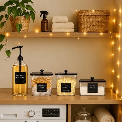 3+1 Pack Laundry Pods Containers & Dryer Sheet Holder & 64 oz Laundry Detergent Dispenser with Pump, Laundry Room Organization and Storage Jars with Lids, Labels and Scoops for Scent Booster, Powder - Image 5
