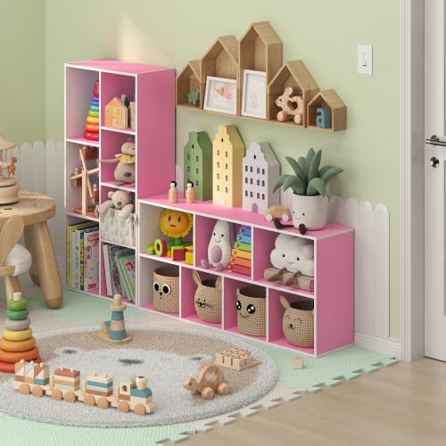 Furinno LUDER 7-Cube Book Shelf, Kids Bookshelf, Toy Storage, White/Pink - Image 3