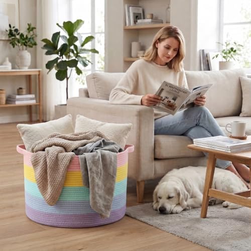 115L Large Blanket Basket,Rope Woven Laundry Basket-Colorful - Image 4
