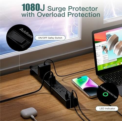 15Ft Power Strip Surge Protector with 6 Outlets and 4 USB Ports (2 USB-C) - Image 3