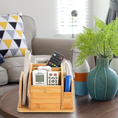 yarlung Bamboo Rotating Remote Control Holder for Table, 7 Compartments Office Supplies Organizer 360° Spinning Desktop Storage Caddy for Pen, Colored Pencil, Book Sewer, Sticky Notes - Image 6