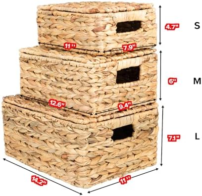 Wicker Storage Baskets, Hand-Woven Rectangular Wicker Basket with Lid for Bedroom & Living Room, Nesting Rattan Basket for Shelves (Water Hyacinth, 3-Pack) - Image 6