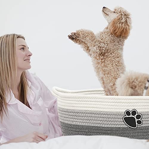 Small Woven Baskets for Organizing Rope Storage Basket with Handle Cute Cotton Basket for Nursery Gift Dog Toy Storage Bins for Toy Organizer Grey-white - Image 5
