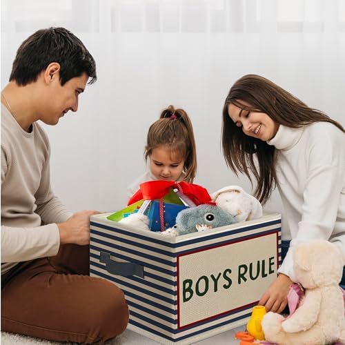 Boys Rule Foldable Storage Bins Box with Handles, Retro Blue Striped Collapsible Toys Books Clothes Organizer Basket for Kids Boy Nursery Room Bedroom Bathroom Dorm Playroom - Image 4