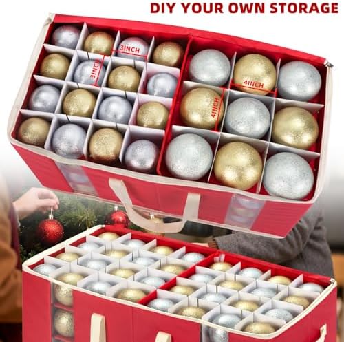 JY COOKMENT Christmas Ornament Storage Box with Adjustable Dividers, Large Holiday Ornaments Storage Container Bin with Zippered Top for Xmas Decorations (128-3" Balls, Red, Without Tray) - Image 7