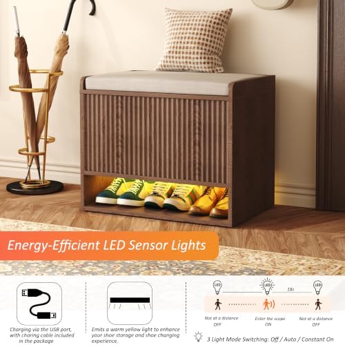 HOMEFORT 23.6" Fluted Shoe Storage Bench, Small Entryway Bench with Linen Seat Cushion, Shoe Cabinet Bench with Adjustable Shelf and Built-in LED Sensor Light, Bench for Bedroom End of Bed,Walnut - Image 4