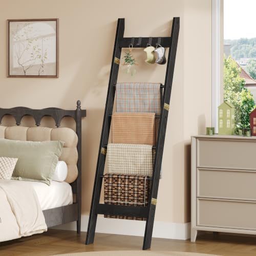 Hzuaneri Blanket Ladder Decorative Quilt Rack with 4 Removable Hooks by Hzuaneri