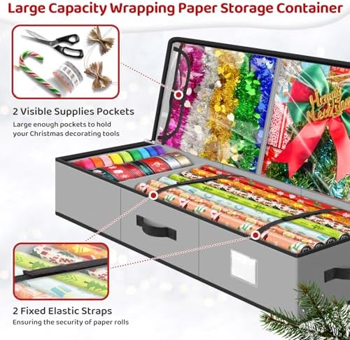 BlessedSeason Wrapping Paper Storage Organizer for 40 Inch Christmas Gifts Wrapping Paper, 2 Visible Supplies Pockets for Holiday Accessories, Christmas Decoration Storage Containers, Grey - Image 4