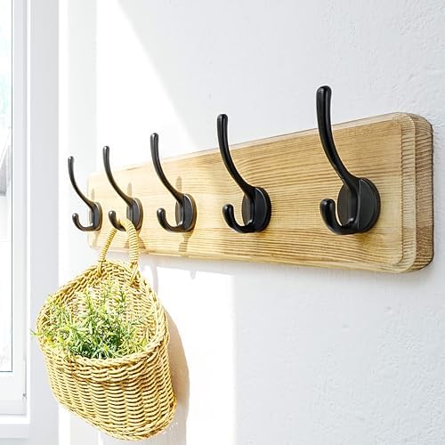 Dseap Coat Rack Wall: Patented, Heavy-Duty, 5-Double-Hooks Wooden Wall Mounted Coat Rack Coat Hanger Hook Rail for Winter Coats Hat Jacket Clothing, Light Brown - Image 2