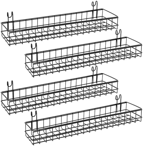 4 Pcs Black Metal Grid Wall Baskets with Hooks, Hanging Wire Storage Organizer Shelf for Kitchen Bathroom Office, 15.75 x 3.94 x 1.97 Inch by Unknown