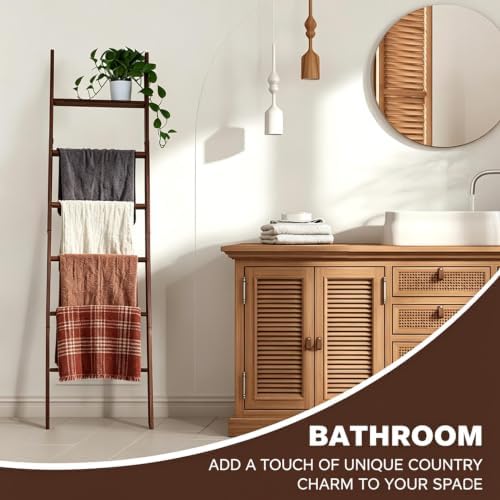 Blanket Ladder for Living Room and Bedroom,6-Tier Decorative Display Ladder Shelf,Ladder Rack for Storage and Decor,Wall Leaning Farmhouse Blanket Storage,Towel Rack, Bathroom,Brown - Image 5