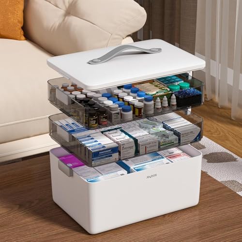 JOYBOS 3-Tier Medicine Storage Box Cabinet, Empty First Aid Kit Portable Medical Supply Organizer with Leather Handle for Home 3-Tier Medicine Storage Box by JOYBOS