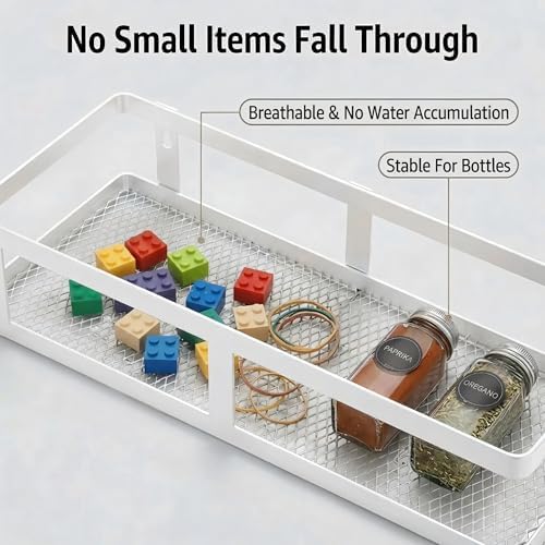 PUSDON 2-Pack Minimalist Shower Caddy Wall Mount, Open Frame Bathroom Shelf Organizer with Mesh Base, Rustproof Floating Spice Rack for Kitchen, Holds 50 LBS, 4 Hooks - White, Guardrail - Image 6
