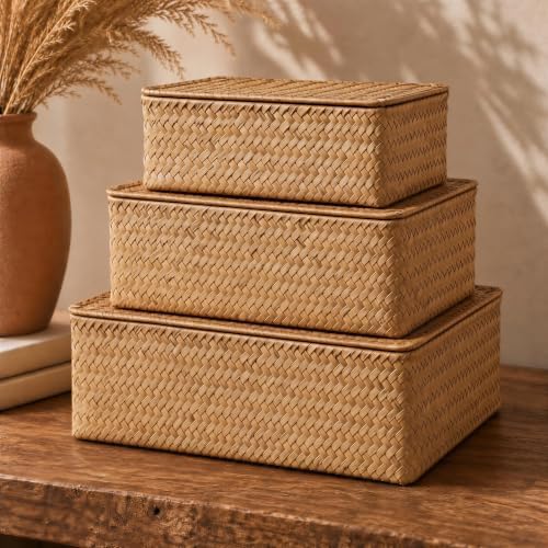 Decorative Wicker Storage Boxes with Lids - Set of 3 Seagrass Organizers by ZICOTO