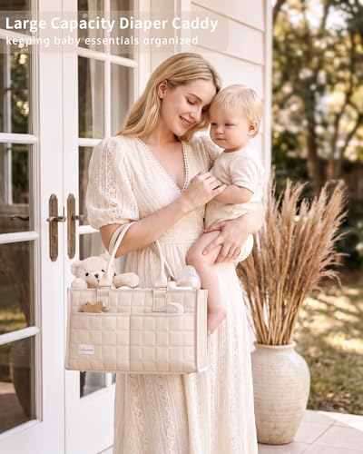 Baby Diaper Caddy Organizer, Portable Nursery Storage Basket with Handle - Image 2