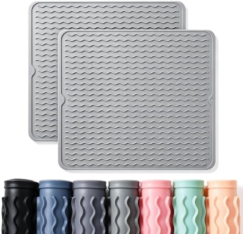 2 Pack Caketime Silicone Dish Drying Mat for Kitchen Counter Heat Resistant Pads Hot Dishes Waterproof with Under Sink Soap Holder Coffee Bar Accessories Women Gifts Extra Large 18"x16" Light Gray by CAKETIME