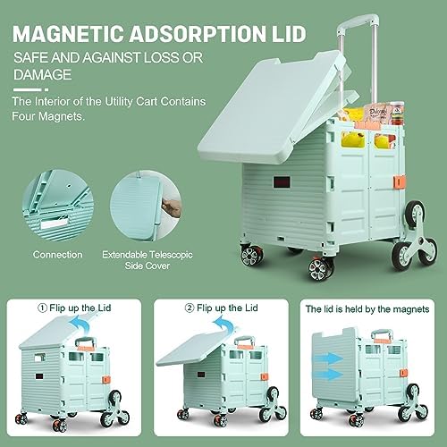 Foldable Utility Cart Collapsible Portable Crate Rolling Carts with Stair Climbing Wheels Tote Basket with Magnetic Lid Telescopic Cover Wear-Resistant 360°Rotate Wheel Noiseless for Shopping Office - Image 2