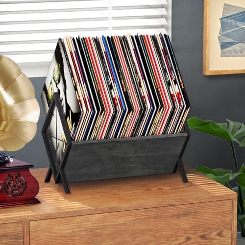 YINMIT Vinyl Record Holder, 80-100 LP Vinyl Record Storage Rack, Quick Assembly Vinyl Record Display, Retro Style Organizer for Magazine, Book, Files, Albums (Grey, 1 Tier) - Image 7