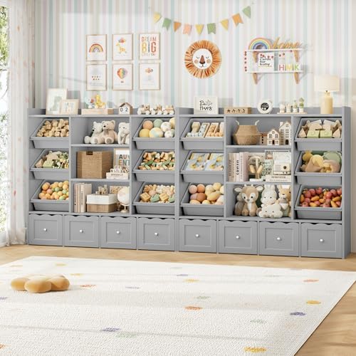 HITHOS 55" W Kids Toy Storage Organizer with 10 Toy Box & Book Shelf, Gray - Image 3