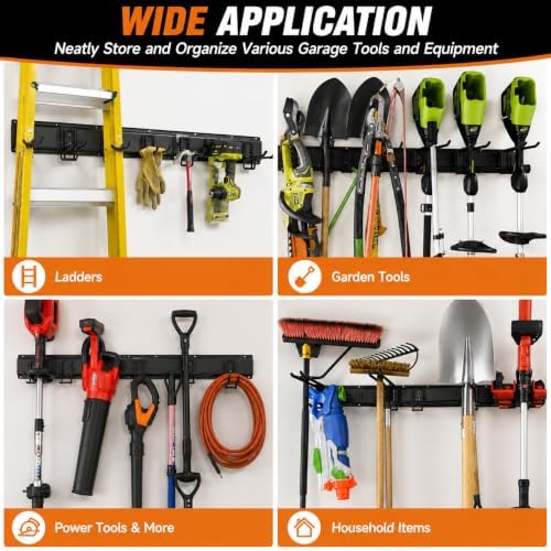 Garage Tool Organizer Wall Mount, Heavy Duty 48 Inch Garage Storage System with Adjustable Hooks, Garden Tool Rack for Shovel Rake Broom Snowboard Shed Organization - Image 7