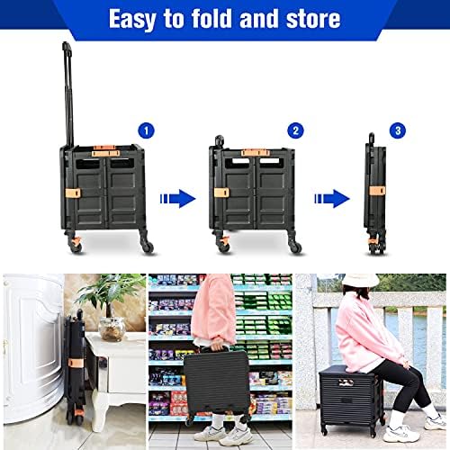Quick Utility Cart Folding Portable Rolling Crate Handcart with Durable Heavy Duty Plastic Telescoping Handle Collapsible 4 Rotate Wheels for Travel Shopping Moving Luggage Office Use - Image 7