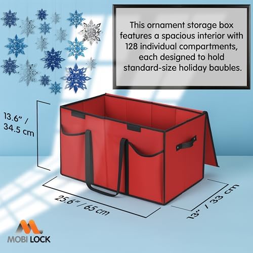 Christmas Ornament Storage Box with Dividers & Pockets - Holiday Ornament Organizer Bag - Holds 128 Balls - Durable Red Fabric Container with Handles - Foldable Xmas Decorations Storage - by Mobi Lock - Image 3