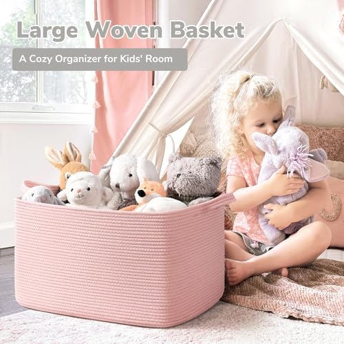 Goodpick Large Woven Rope Blanket Basket, Rectangle, Pink, 75L - Image 2