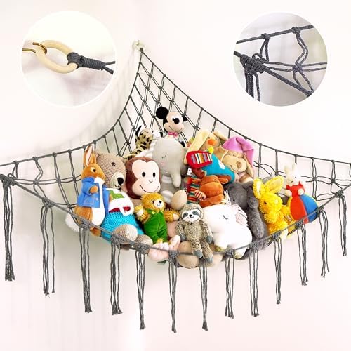 ABBY BABY Large Stuffed Animal Hammock Corner - Stuffed Animal Storage - 100% Natural Cotton Macrame Stuffed Animal Net - Stuff Animal Organizer - Net for Stuffed Animals Corner Large-Gray by AbbyBaby