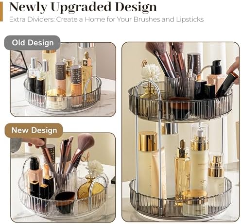 Aveniee 360° Rotating Makeup Organizer for Vanity, Upagraded Perfume Skincare Bathroom Counter Organizers with Brush Divider, Two Tier Spinning Lipstick Cosmetic Lotion Storage,Grey - Image 2
