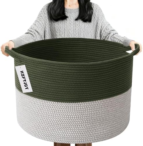 90L Extra Large Blanket Basket,Woven Laundry Basket-Green&White by HZFTJOY