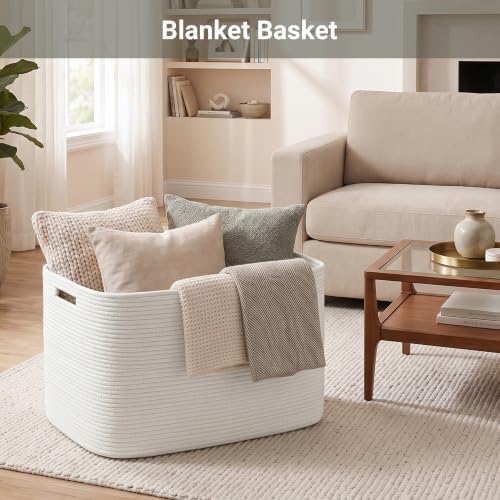 Large Laundry Baskets/Hamper, 25”x16”x16” Rectangle Woven Baskets for Toy Storage, Baby Blanket Basket in Living Room,Shelf Basket With Handle,Large White - Image 3