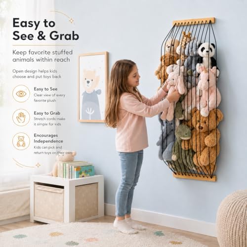 Stuffed Animal Storage Wood Soft Toy Organizer for Kids Room，Cute and Durable Wall or Door Mount Length Adjustable Hanging Stuffed Animal Toy Organizer Shelf for Nursery Play Room Black -Patent - Image 3